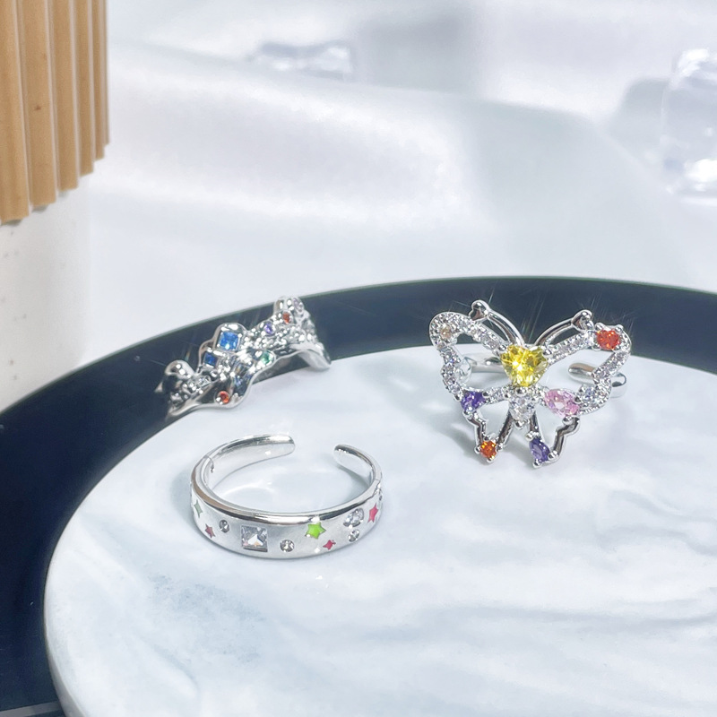 Sweet and cool style niche design colored diamond zircon butterfly opening ring for women on Instagram, cold style light luxury high-end ring details Picture