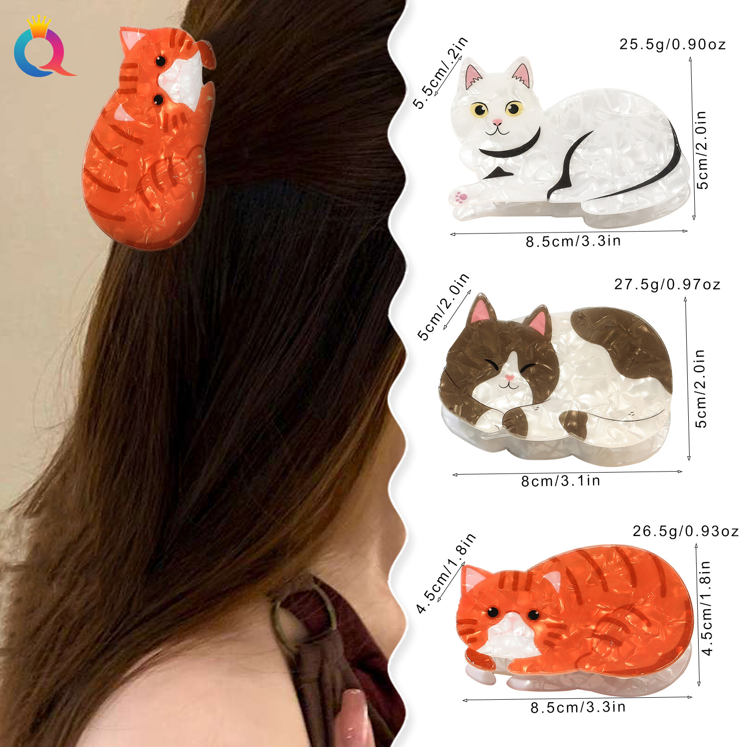 Qiyue Cross-border Cute Kitten hair clip, high-end acrylic hair bun shark clip, Yiwu hair accessory grab clip wholesale details Picture