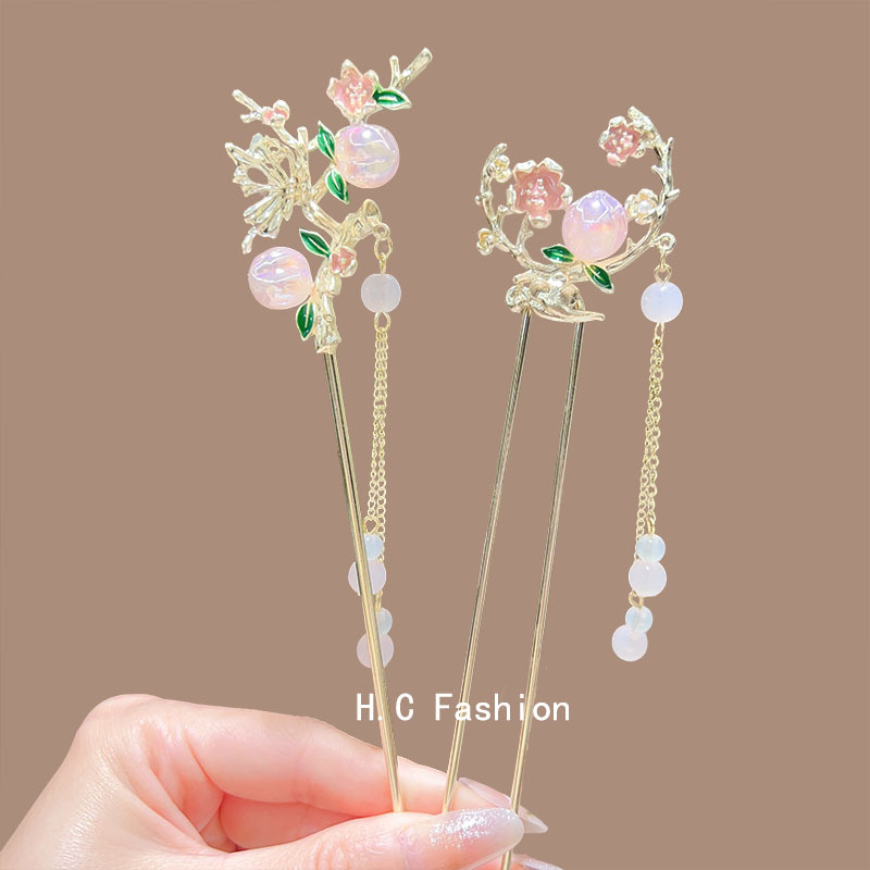 Ancient-style tassel metal hairpins, oil-dripping flower-shaped U-shaped hairpins, new Chinese-style high-end updo hairpin accessories details Picture