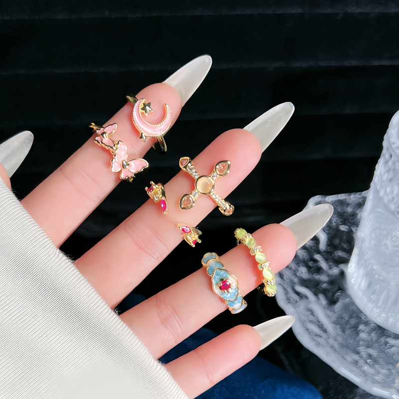 【 Enamel Qilu 】 New Chinese-style retro enamel Open ring, pink butterfly Star Moon cross index finger ring for women details Picture