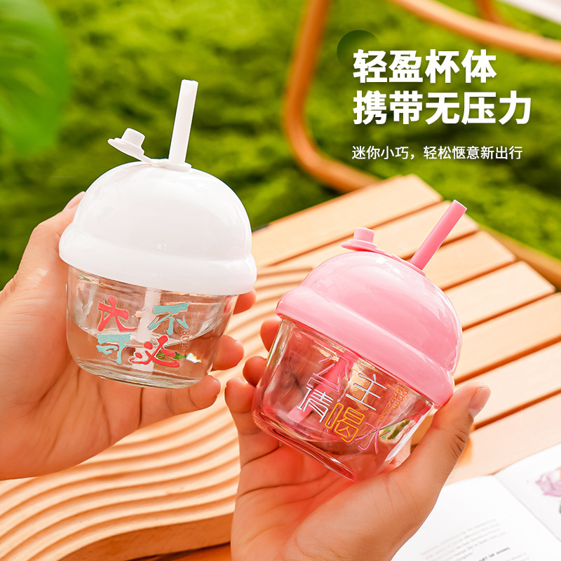 Mini glass Dwen Dwen cup, summer portable glass water cup for women, cute cartoon straw cup, student office cup details Picture