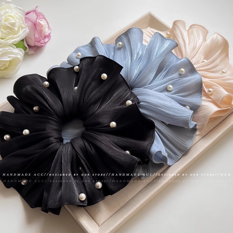 Super fairy-like large intestine hair band, women's pearl mesh hair accessory, high-end style 2025 new French large hair accessory, hair tie and headwear Specification drawing
