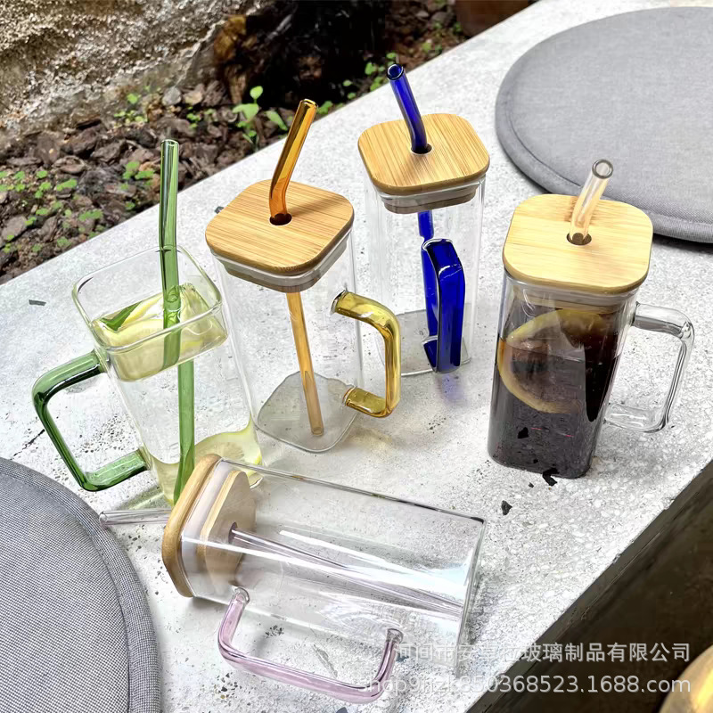 High borosilicate water cup with colorful handle straw, creative household square glass cup, ladies' water cup, simple and ins style details Picture