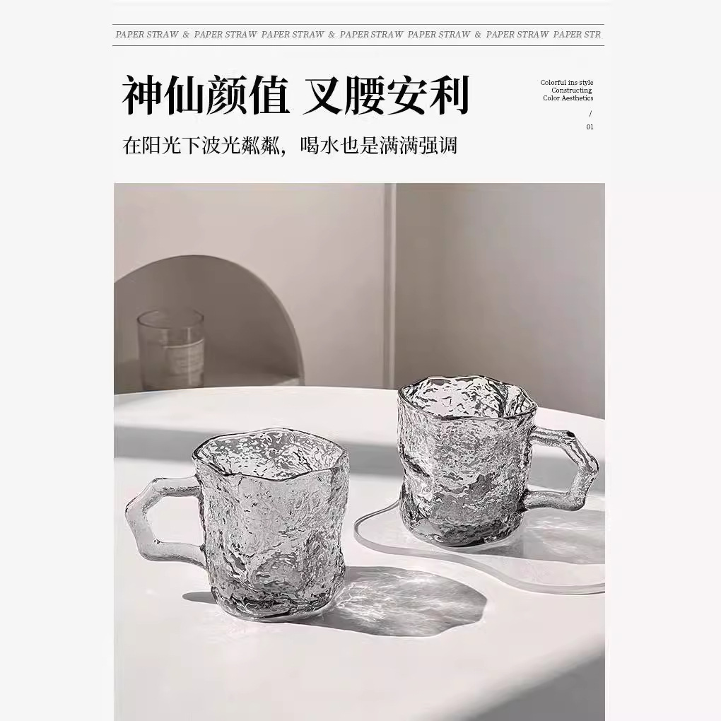 Ins-style rose red ribbon glacier glass cup, high appearance level, household beverage water cup, coffee cup, cold drink cup, milk cup details Picture
