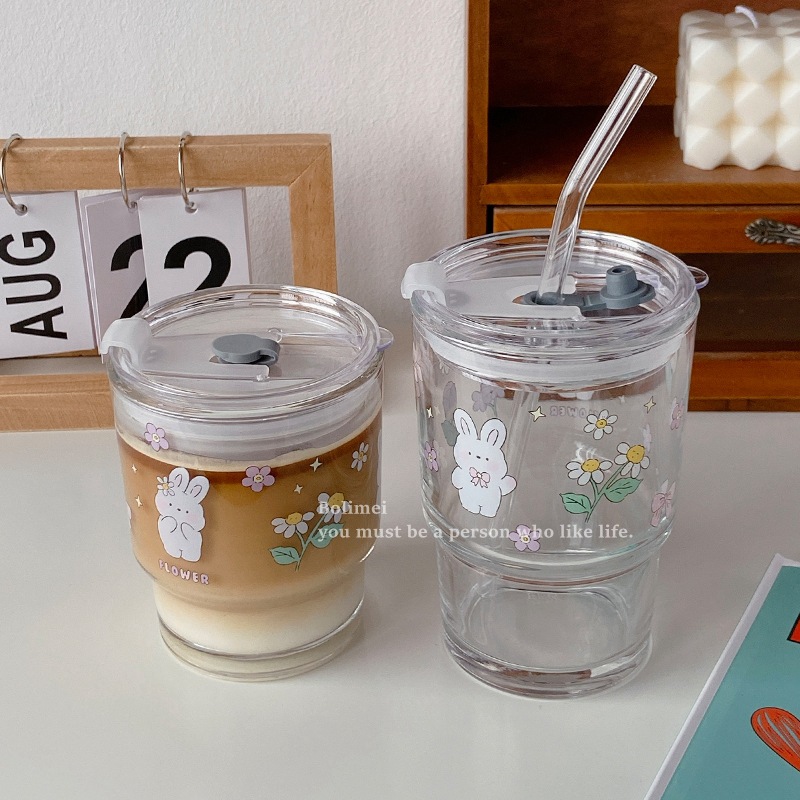 Bolimei Flower Rabbit Glass Straw Cup, Girlish Glass Water Cup, Milk Tea Cup, Student Covered Cup details Picture