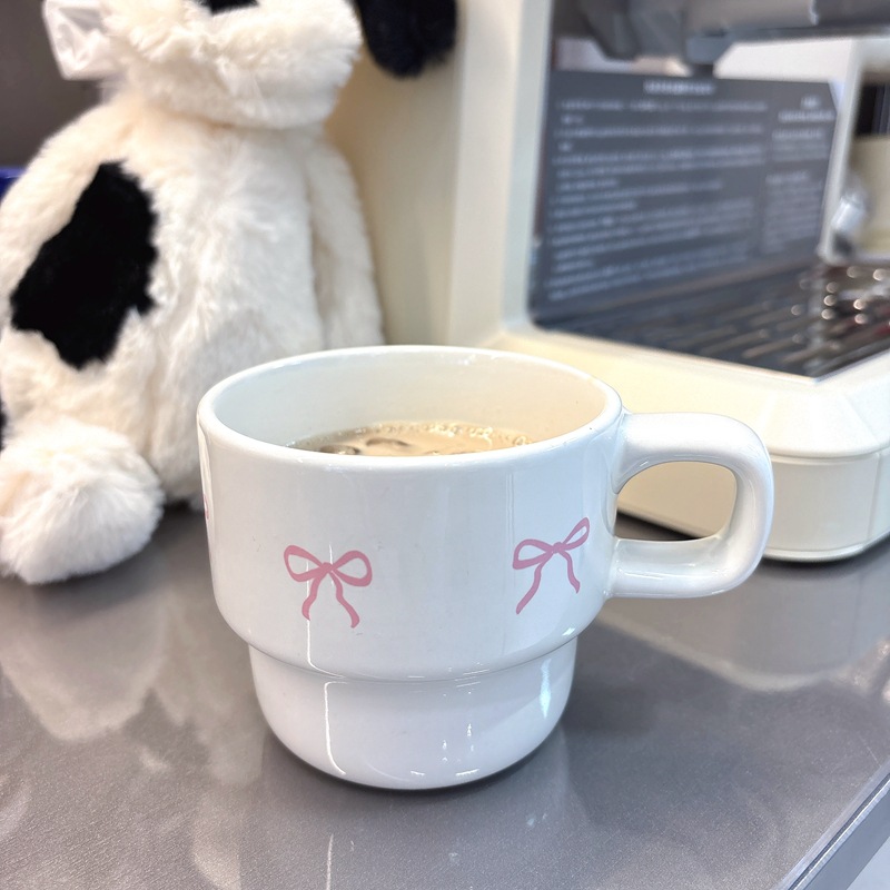 Ins-style girlish bow ceramic cup, coffee cup, cold brew cup, breakfast cup details Picture
