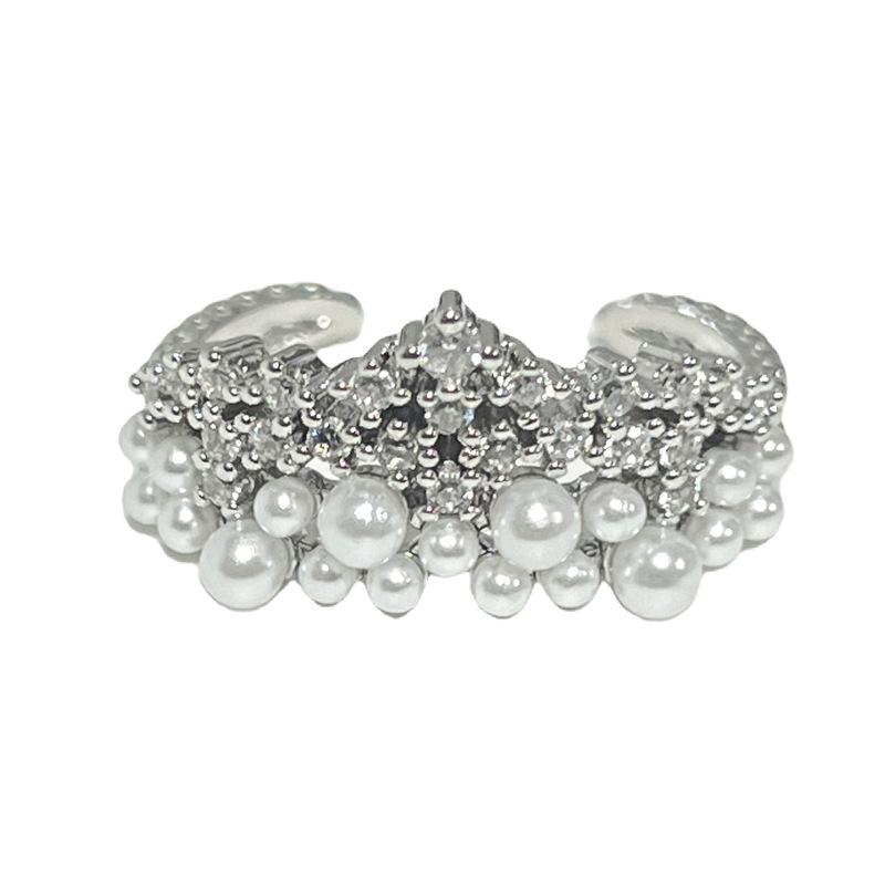 Light luxury retro chanel-style pearl inlaid open ring for women, full diamond star crown, geometric high-end index finger ring Item Picture