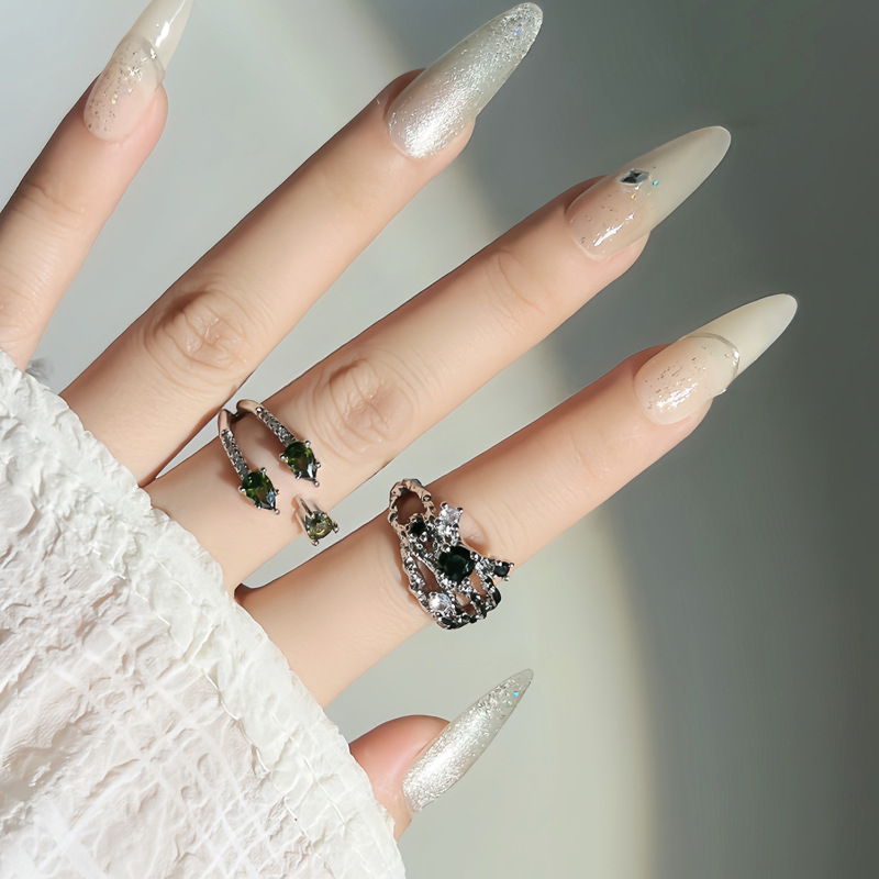 Irregular-textured pleated multi-layer open ring for women, olive green teardrop zircon, simple, light luxury and niche index finger ring details Picture