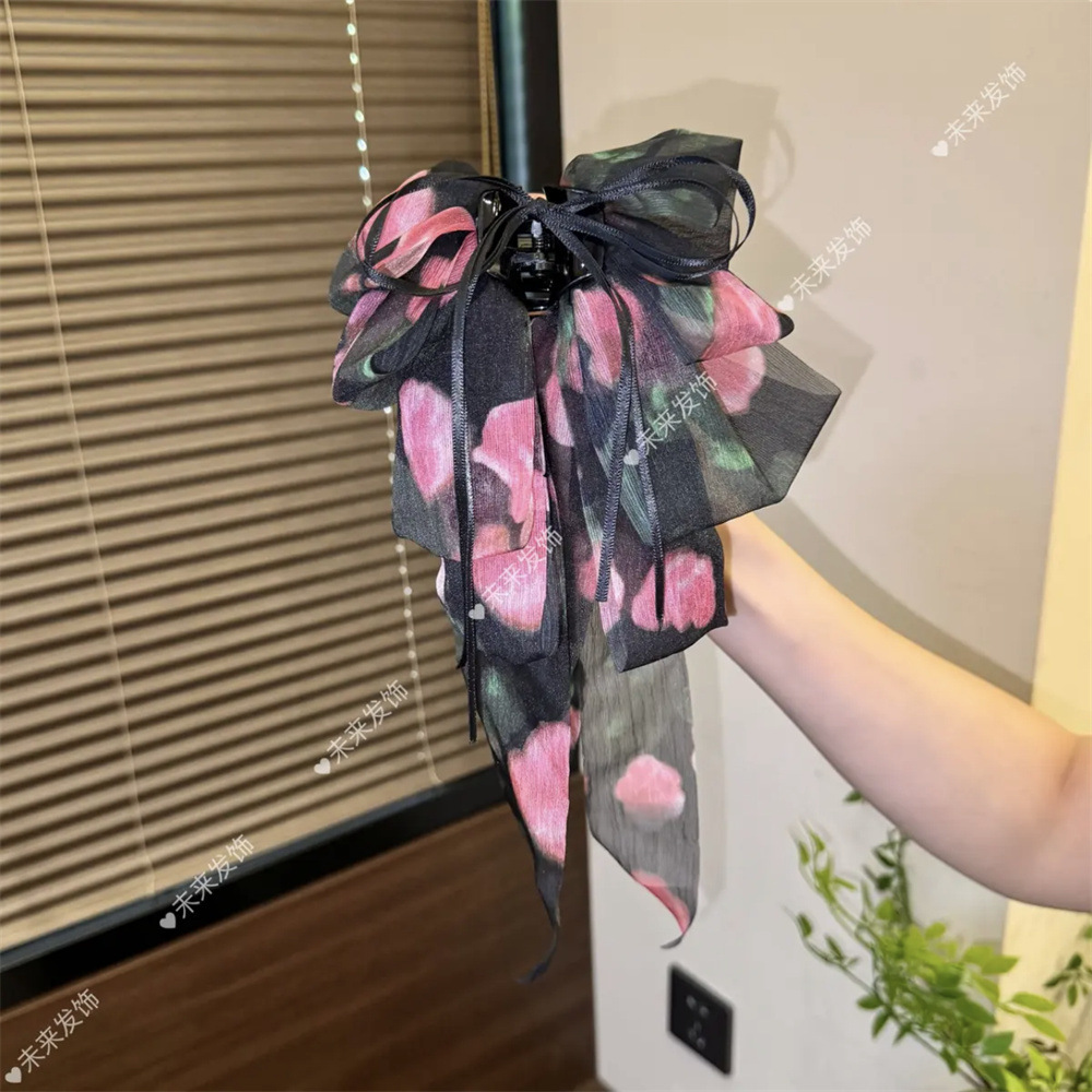 Spring and summer new style mesh print French elegant style bow ponytail clip at the back of the head women's headwear details Picture