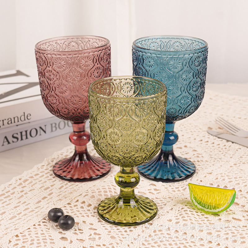 Factory wholesale European retro embossed red wine glasses, glass highball glasses, creative export wine glasses, household colored thickened ones details Picture