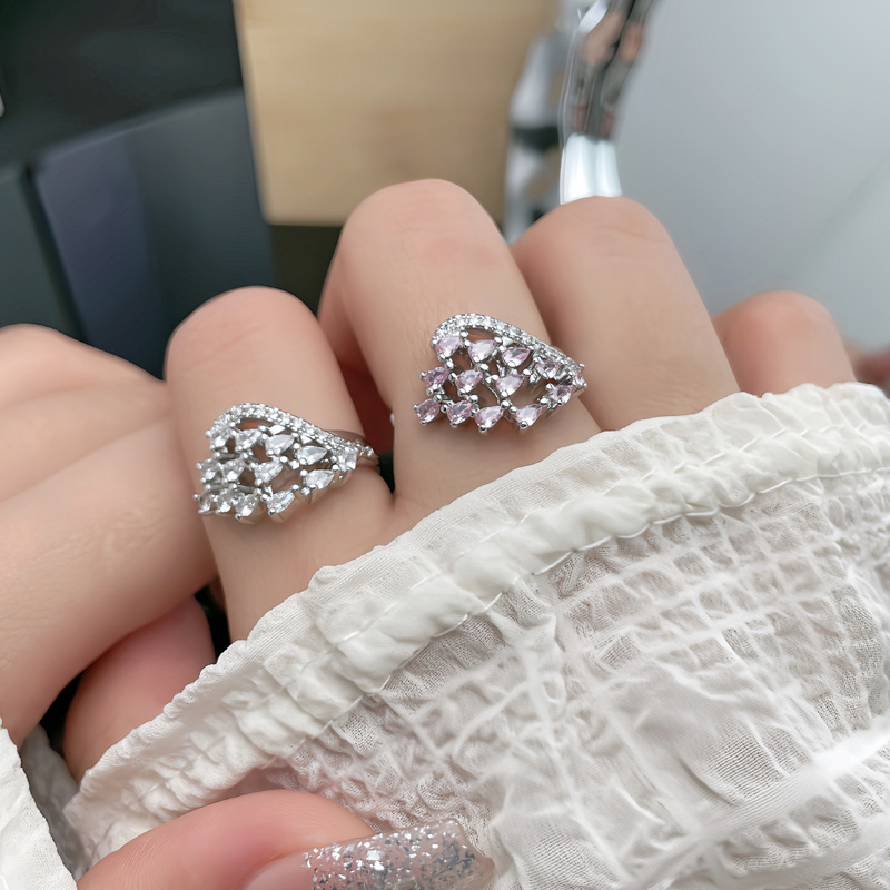 A light luxury and high-end style, a dazzling wing-shaped, water-drop zircon inlaid open ring, a cold and elegant feminine style, a niche and exquisite food ring details Picture