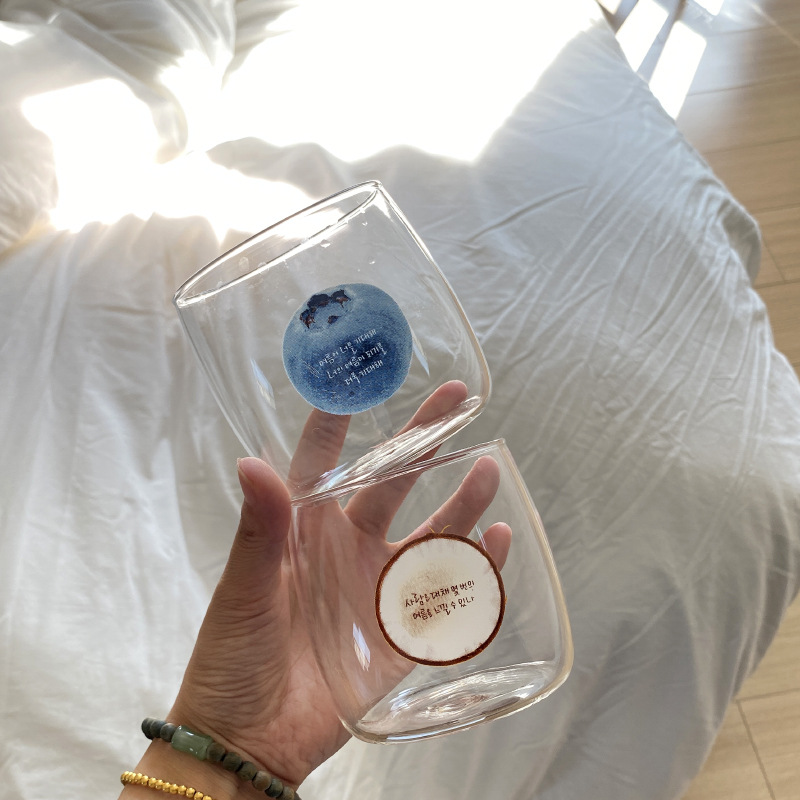 Korean ins natural style blueberry fruit glass cup, high borosilicate high-temperature resistant milk cup, simple and artistic breakfast cup full figure