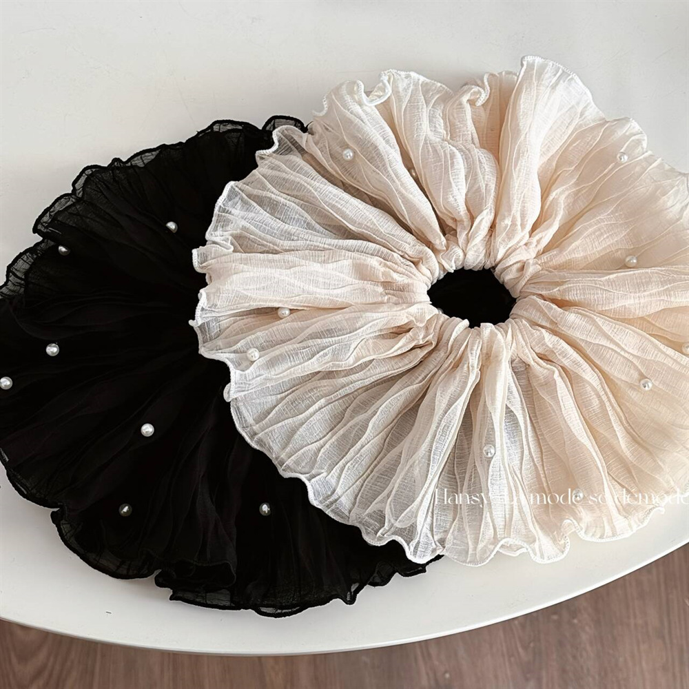 Korean version super fairy mesh pleated pearl oversized large intestine hair band 2025 new style hair tie headband, high-end hair accessory details Picture