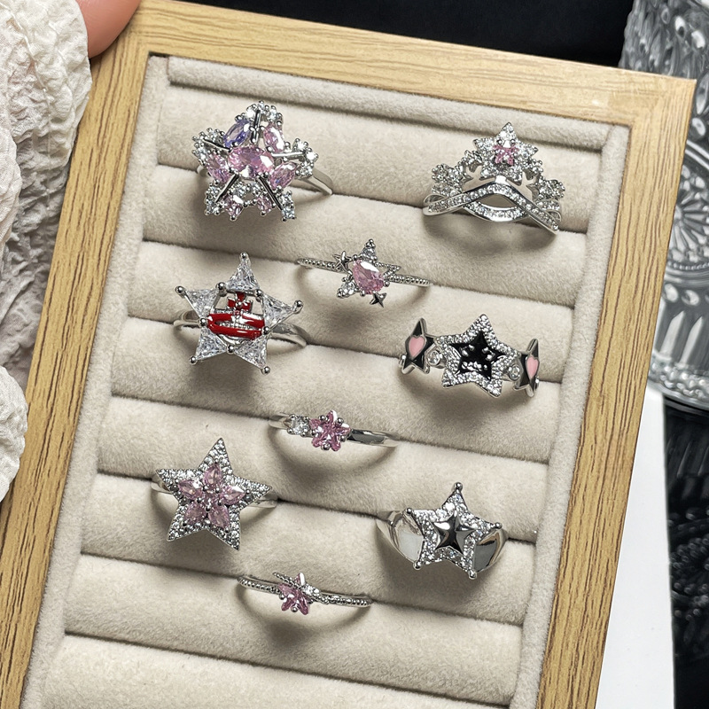Sweet star pink diamond light luxury open ring for women on Instagram, cold style, niche design sense, elegant and stylish layered food ring Specification drawing