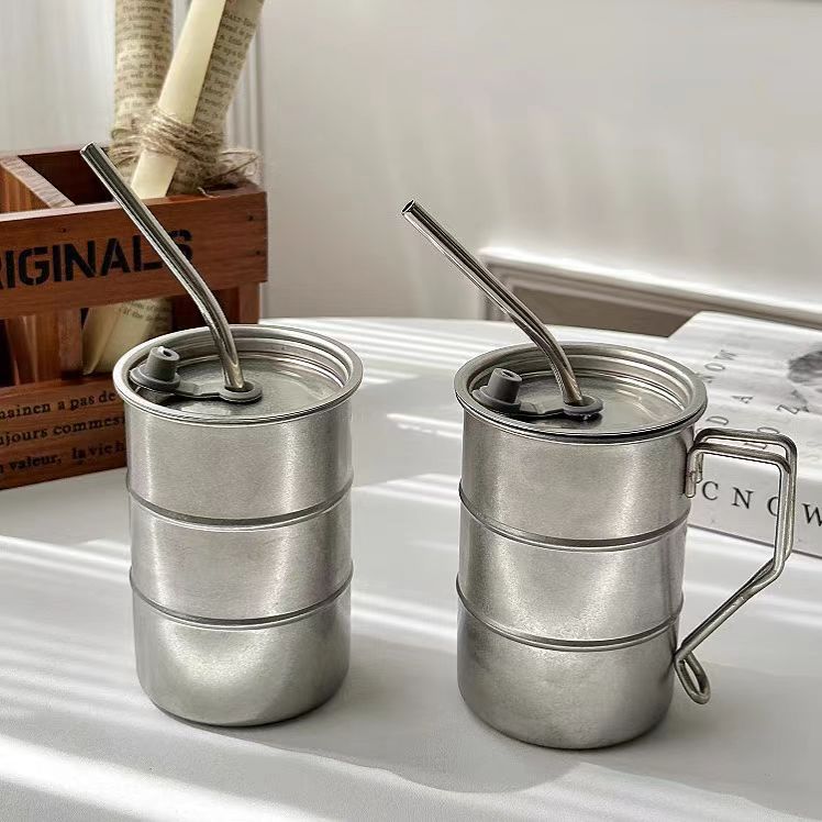 Cross-border stainless steel coffee cups, high-temperature resistant, frosted, retro aged mugs, two-piece set, commercial creative picnic cups details Picture