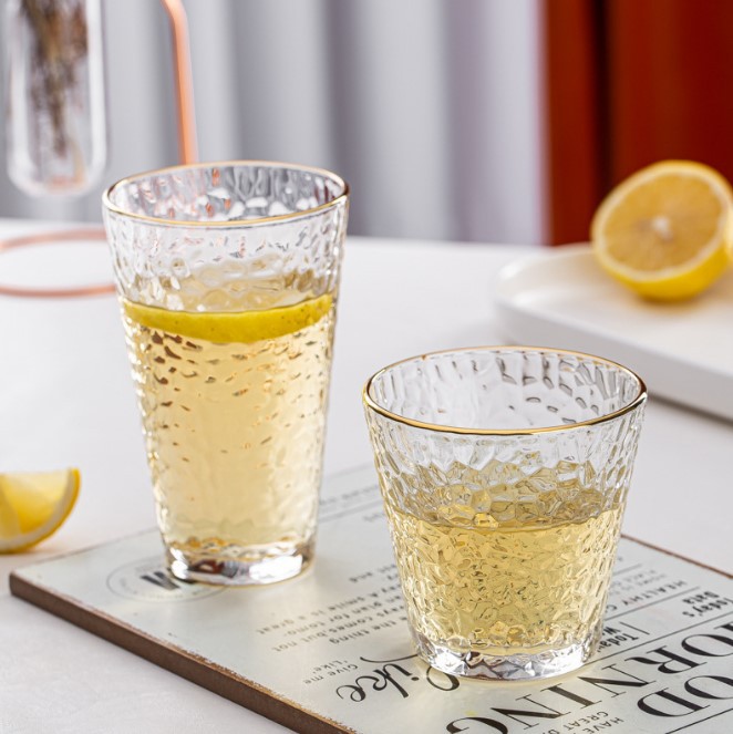 Golden edge hammer-patterned cup, Japanese hammer-patterned cup, beverage cup, glass cup, glass water cup, juice cup, transparent gilded hammer-patterned cup details Picture