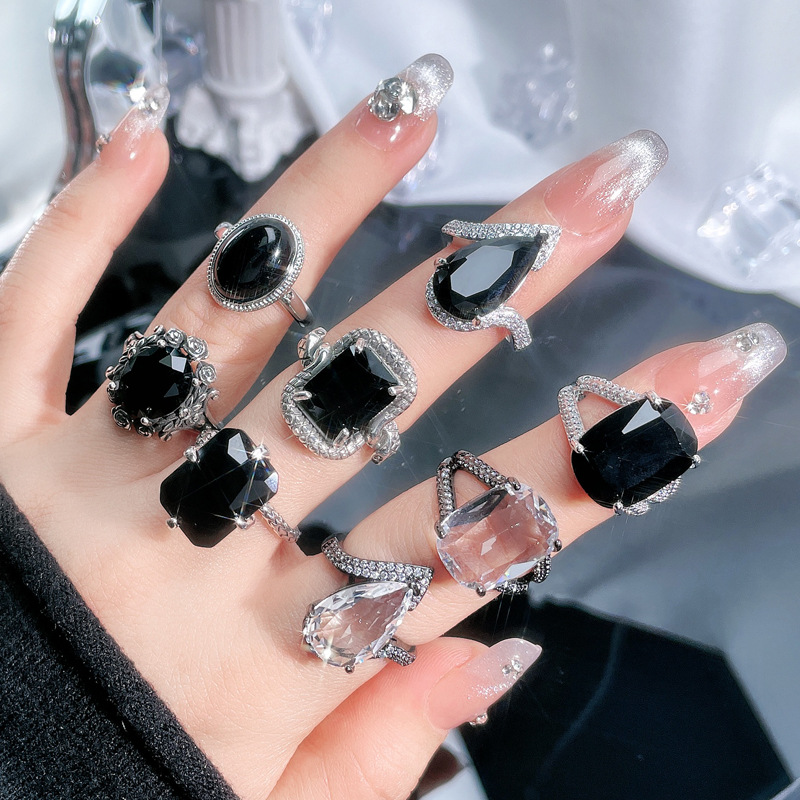 European and American punk, cool, dark, irregular zircon heavy industry open ring, women's Instagram cold style fashion food ring details Picture