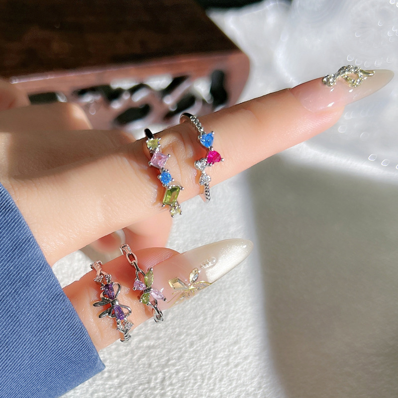 Sweet and cute girl's colorful diamond bow open ring, layered for women, exquisite and elegant, niche and cold style, versatile ring trend full figure
