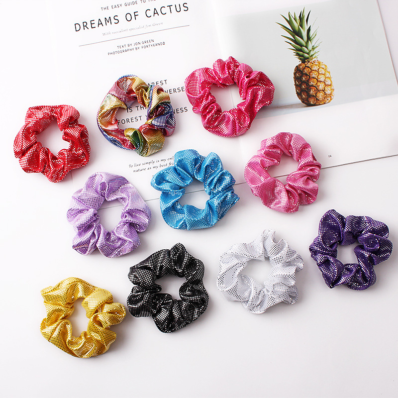 Qiyue Cross-border Supply: Scrunchies punk rainbow hair bands with gold embossed laser large intestine hair bands and headwear from Europe and America Specification drawing