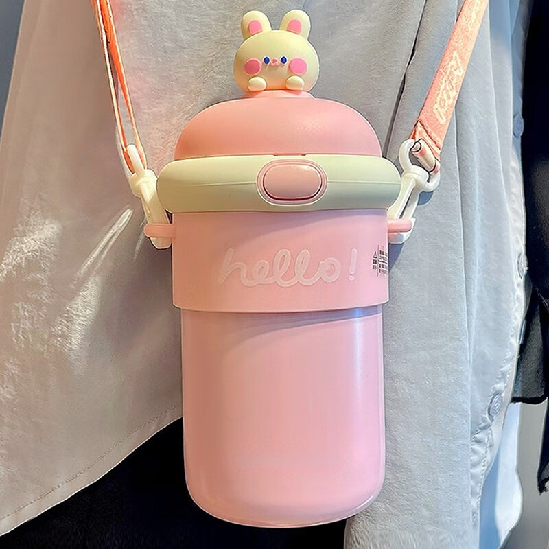 Double-layer portable water cup for girls, heat-insulating glass cup, cute cartoon straw cup, large-capacity carrying office cup details Picture