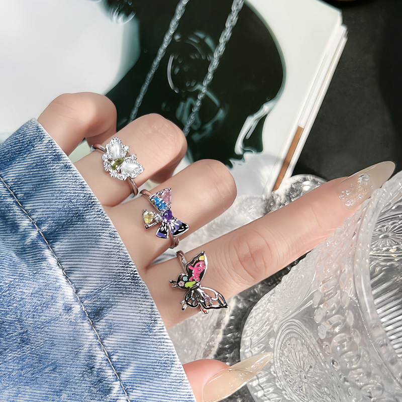 New autumn and winter colorful enamel drop glaze butterfly opening ring for women, sweet and cool Korean style, unique and versatile, a niche ring full figure