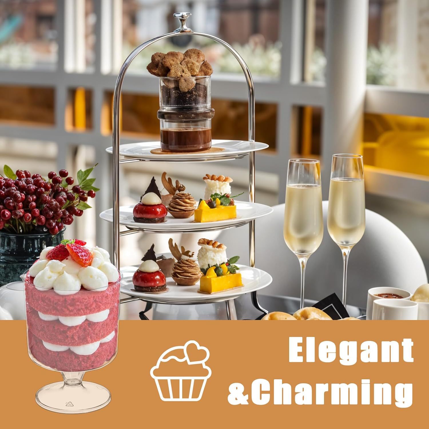 Wholesale 150ML round transparent mousse dessert cups, suitable for birthday, wedding, party and tall glass Application Scenario