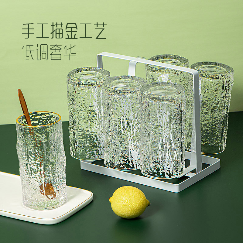 Gold-rimmed Ins-style bark-patterned glass water cups for women, simple and fresh forest-themed juice cups, milk cups, spirits and beer mugs full figure