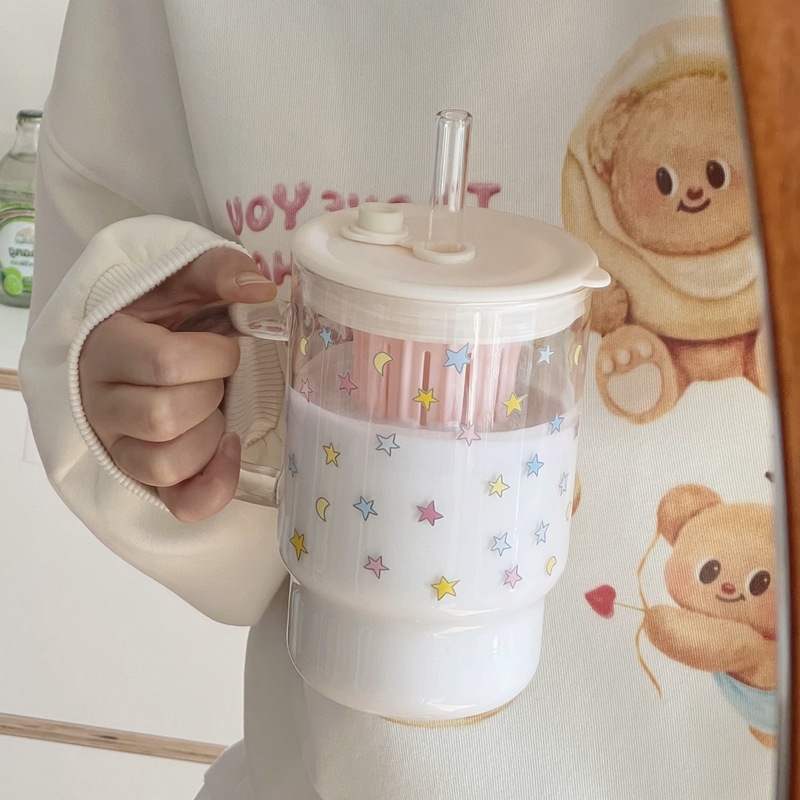 Original star glass straw cup, high borosilicate large-capacity drinking cup, girls' glass cup handle with straw cup details Picture