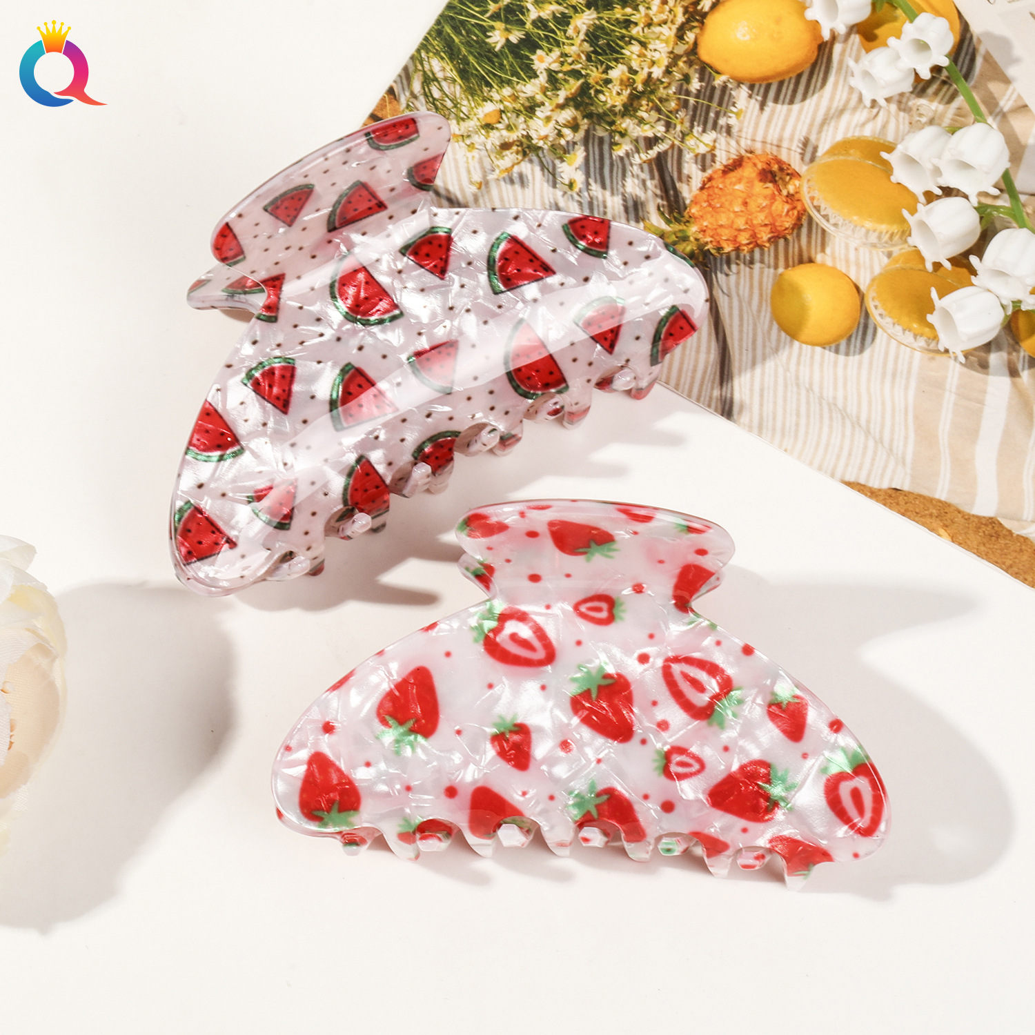 Qiyue Cross-border Dopamine Korean-style fruit shark clip, elegant and stylish printed back of the head, updo hair clip headwear for women Application Scenario