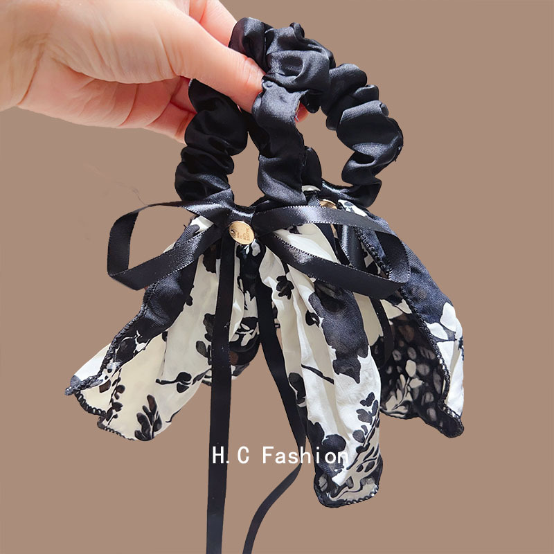 Retro printed bow hair accessory, ink-wash skirt hem, hair band, leather band, hair tie, French elegant hair tie ribbon details Picture