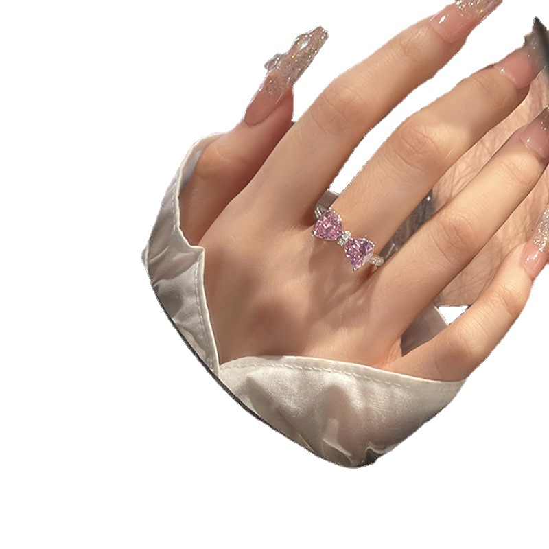 Pink bow, sweet and adjustable opening ring, a high-end index finger ring with a unique design for women, fashionable and individual ring Item Picture