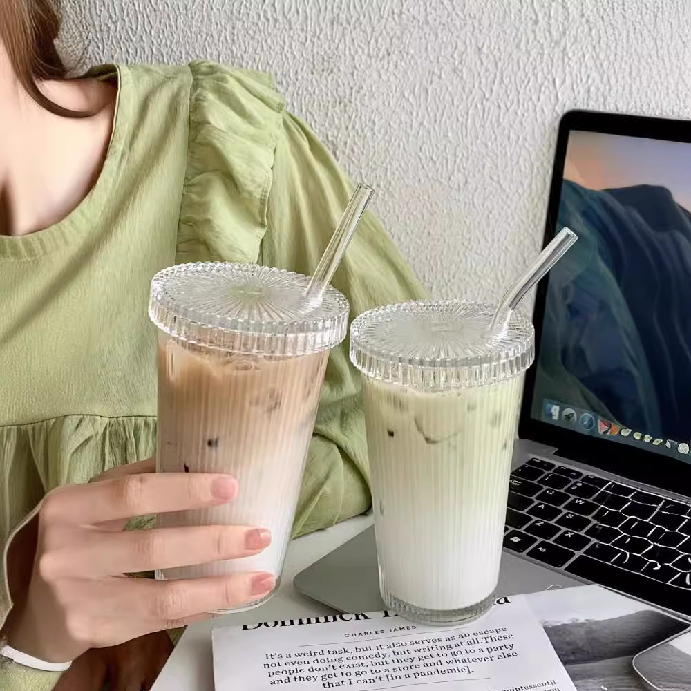 Vertical coffee cup, ins style, covered straw glass cup, home high school girls' appearance level, milk tea latte cup, drinking cup details Picture