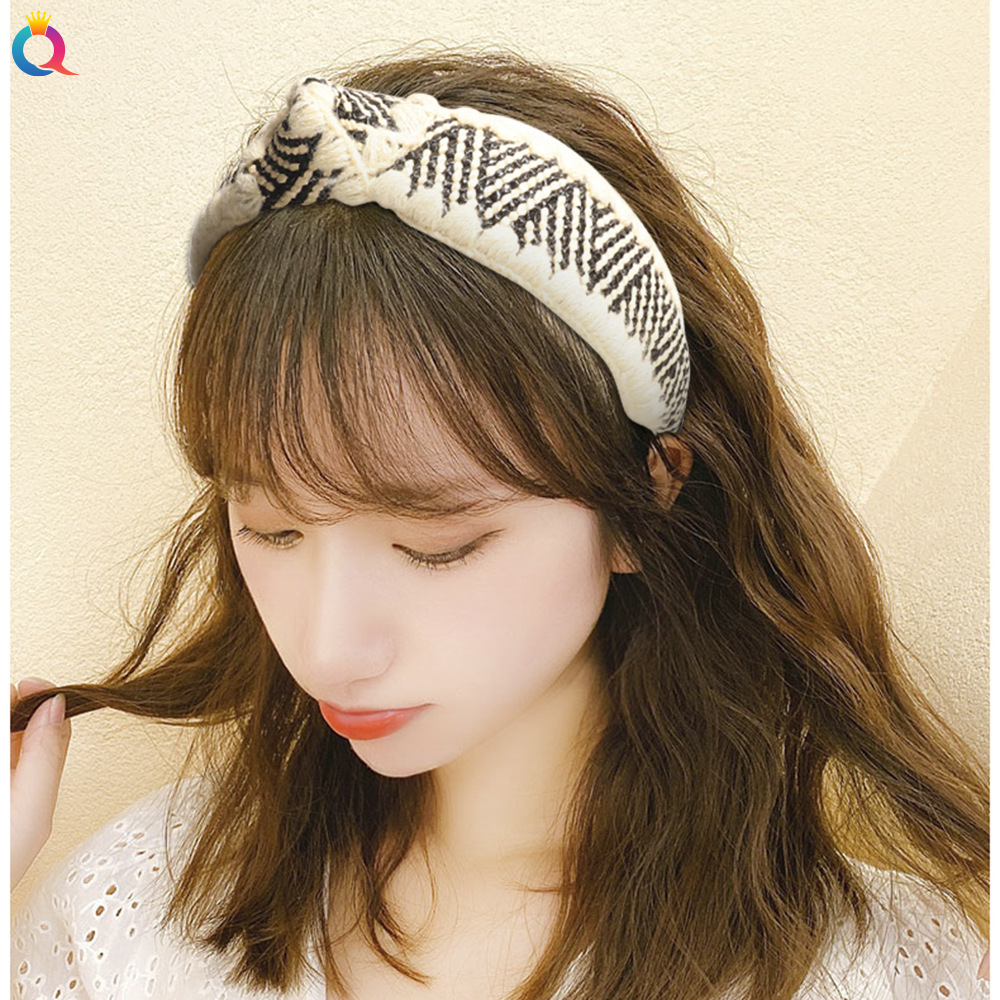 Qiyue Cross-border European and American wide edge woolen edge raffia hair band, simple cross-knotted headband, straw braided hair clip and hair accessory Specification drawing