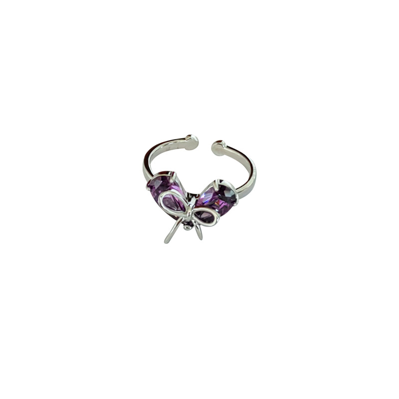 A Japanese and Korean style bow purple diamond zircon heart-shaped opening ring, a versatile and sweet cool fashion index finger ring for women Item Picture