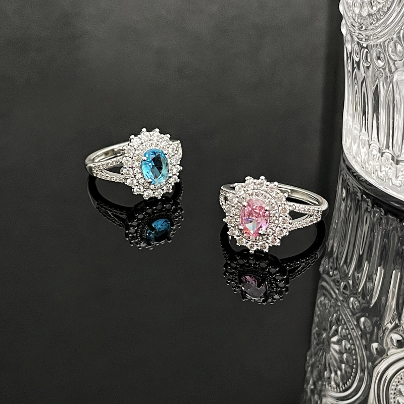 Hot-selling, light luxury, high-end, full diamond, sea blue zircon sunflower ring, elegant and simple, adjustable ring Specification drawing