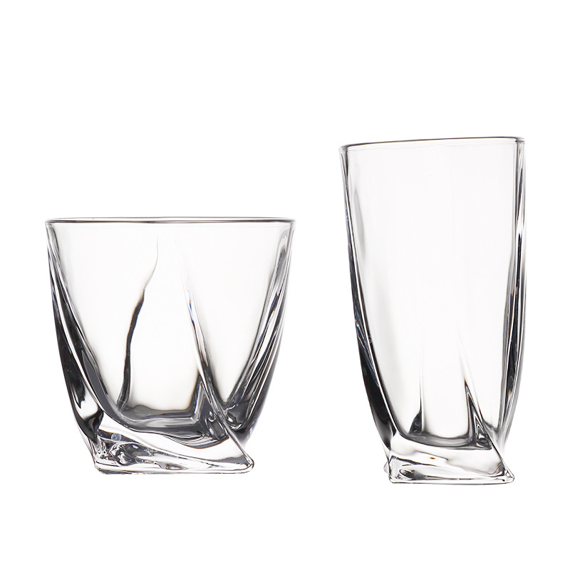 Wholesale sets of creative crystal glass twisted glass cups, thick-bottomed geometric glass wine glasses, juice glasses and whisky sets Item Picture