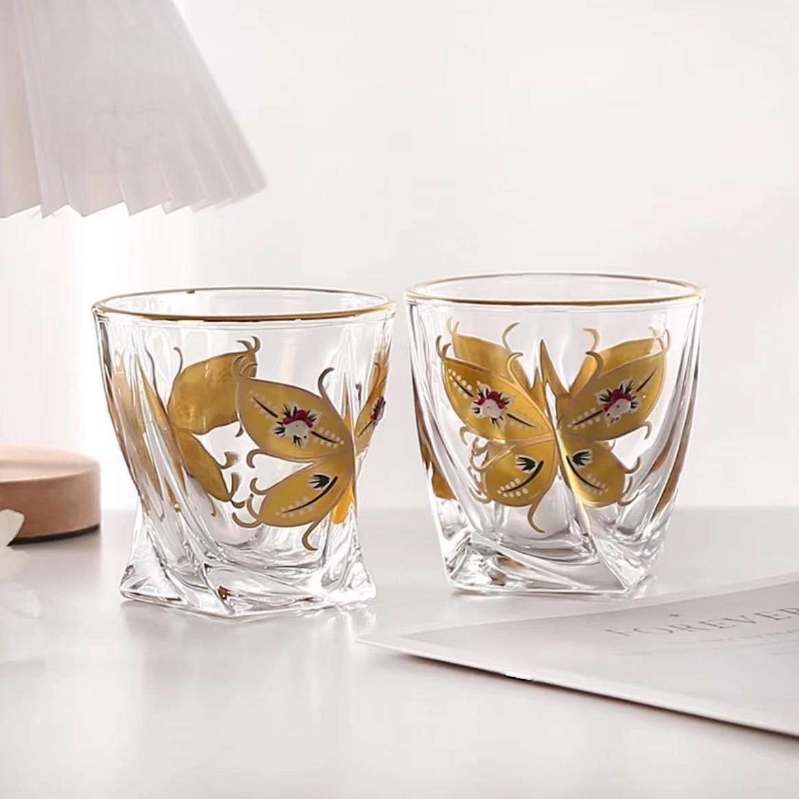 High-end light luxury crystal glass butterfly cup, gilded enamel flower whisky cup, Western-style wine cup, retro cold drink water cup full figure