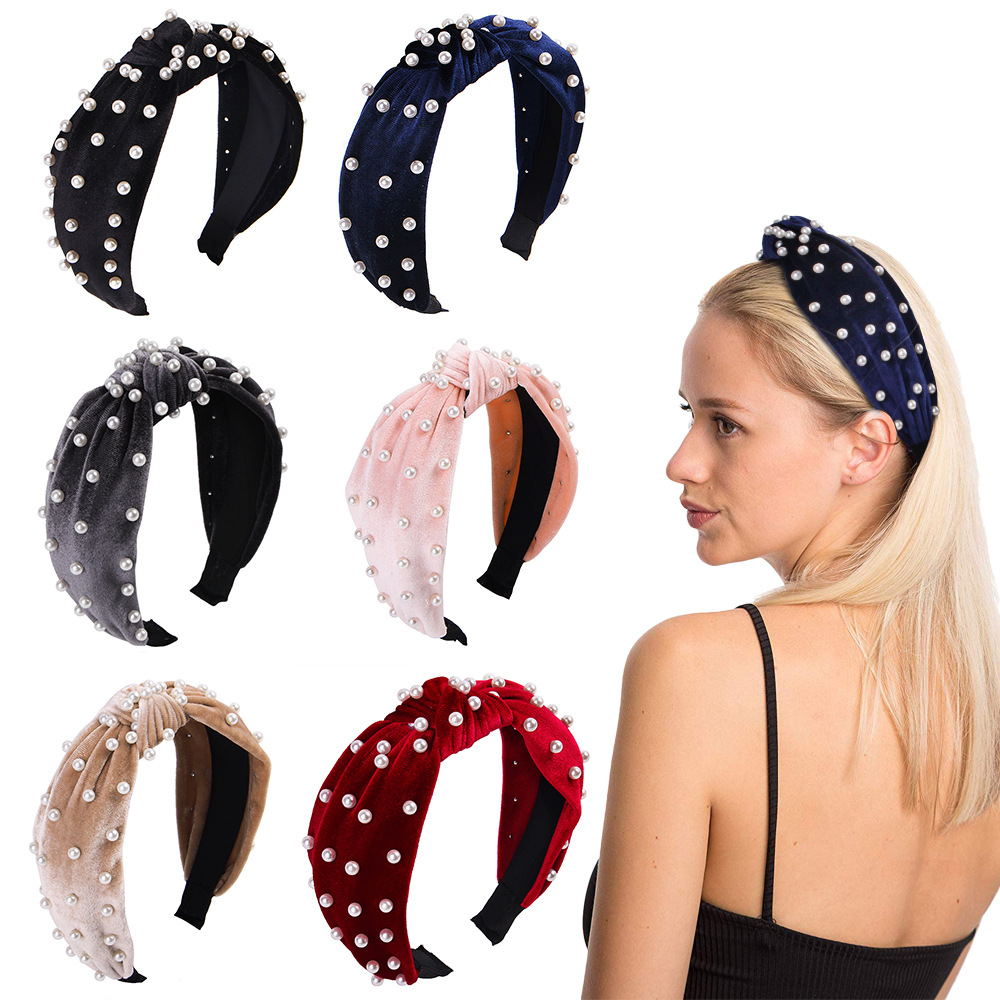 Qiyue European and American Versatile velvet Pearl Hair Band, velvet Pearl knot Hair band, headband Hair accessory manufacturer E6 details Picture