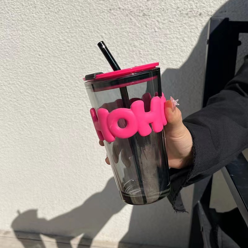 The new letter cup, thickened glass water cup, straw cup, direct drinking cup, beverage cup and coffee cup, with a high appearance level for dual drinking Specification drawing