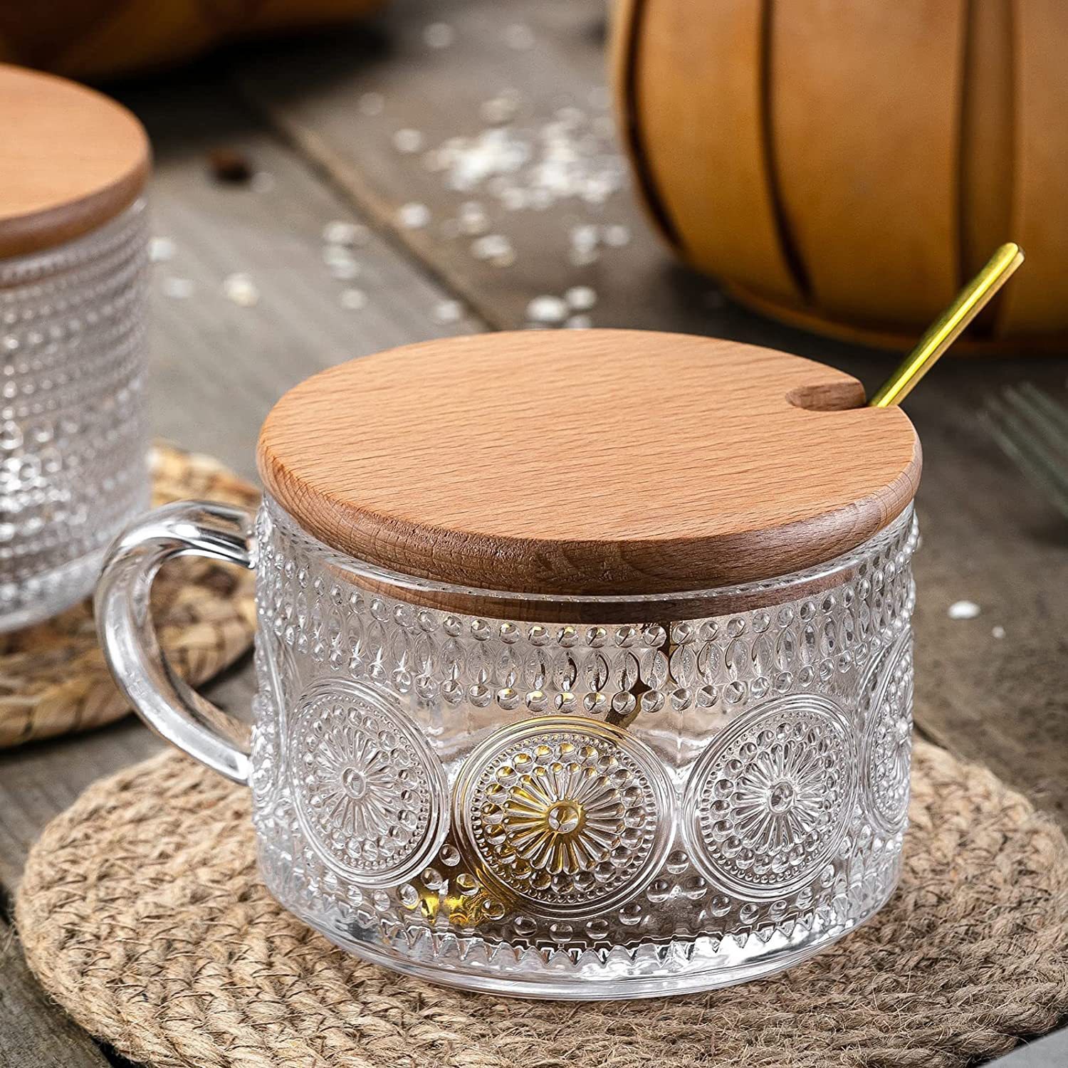 Cross-border Amazon sunflower relief breakfast milk overnight oatmeal cup with lid and spoon salad glass cup details Picture