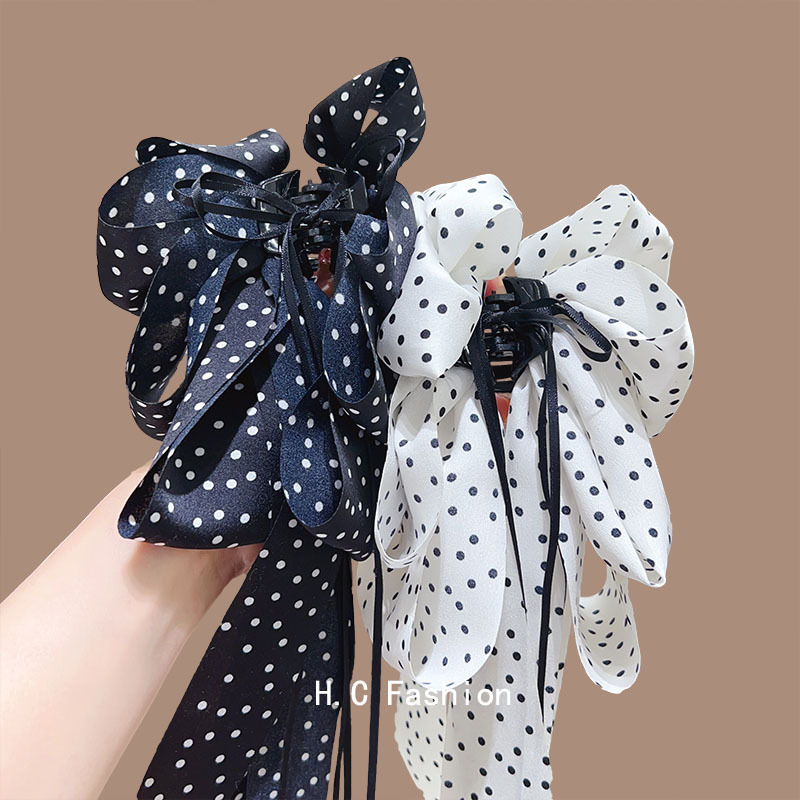 French retro black and white polka dot bow clip, elegant clip, hair clip, flowing ponytail clip, shark clip headwear for women full figure