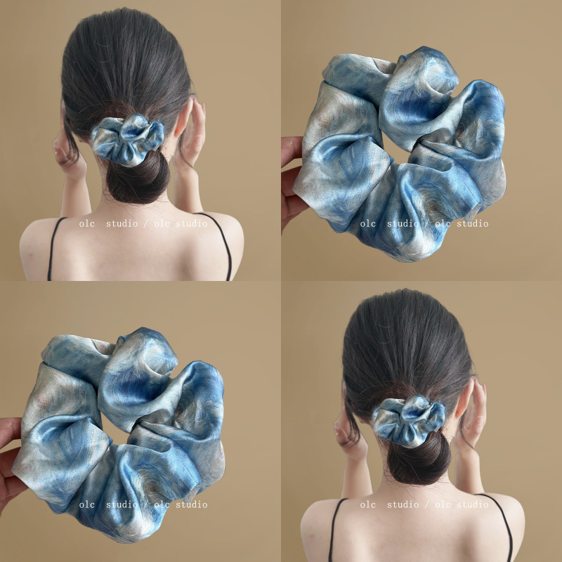 Starry blue, high-end oil painting satin, large intestine hair band, elegant hair tie, bun hair decoration, female summer full figure