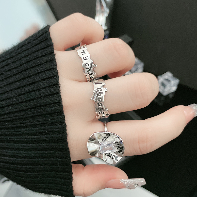 Minimalist graffiti letter pleated zircon open ring, a high-end feminine, niche and cold style exquisite couple ring trend full figure