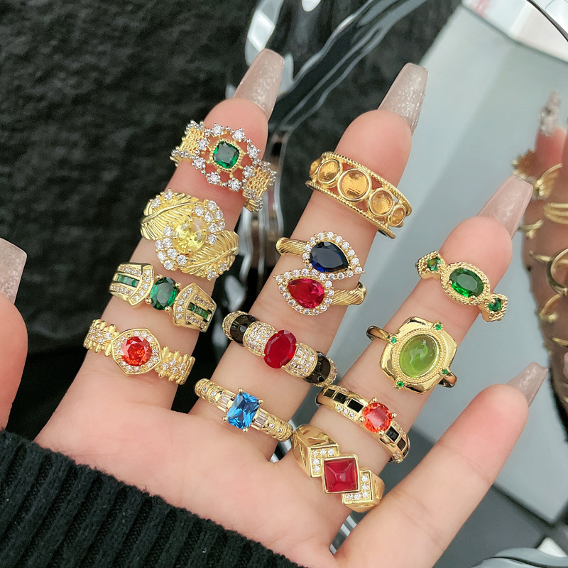 Italian mid-style cross-border light luxury retro colored gemstone zircon ring, women's European and American high-end style adjustable food ring full figure