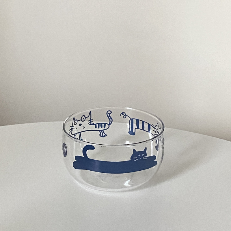 Niche Korean ins fun and cute cat glass bowl with lines, high-temperature resistant cartoon high borosilicate fruit bowl, yogurt bowl Item Picture
