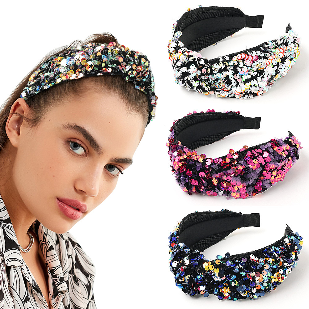 Qiyue Amazon European and American cross-border sequin knotted headbands, women's fish scale seven-color wide-edge headbands and headwear wholesale full figure