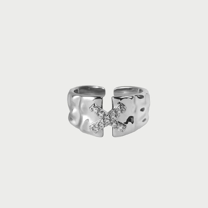 Korean style Instagram cold and niche design letter X inlaid zircon texture open ring women's fashionable and individual ring full figure