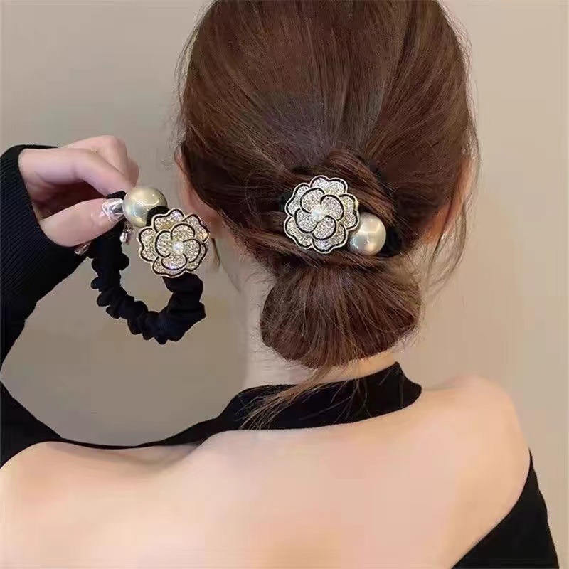 Elegant and refined camellia hair band, high school elastic flower small intestine band, high ponytail hair tie, bun hair, rubber band headwear full figure