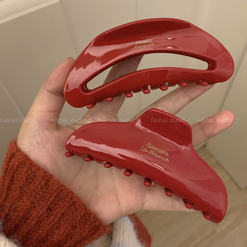 New Year red acetate hair clips, high-end New Year hair accessories, shark clips, gold label scratch-off hair clips, ins Korean style for women details Picture