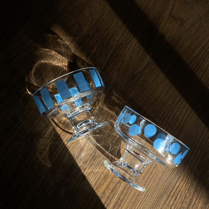 ins simple blue striped polka dot high-legged dessert ice cream cup, fresh glass cup, yogurt pudding cup Item Picture